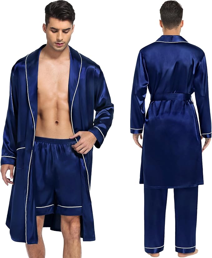 SWOMOG Men's Satin Robe 3 Pcs Silky Kimono Bathrobe Set Lightweight Soft Loungewear Nightwear