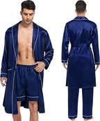 SWOMOG Men's Satin Robe 3 Pcs Silky Kimono Bathrobe Set Lightweight Soft Loungewear Nightwear