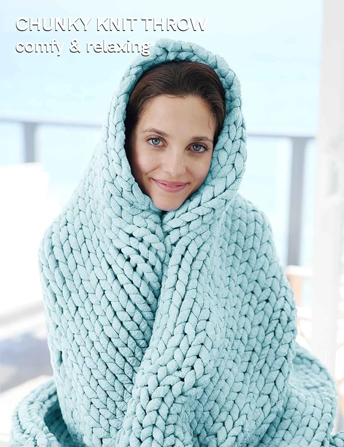 YnM Chunky Throw Blanket, Medium-Weight, Hand Knitted, Skin Friendly, Ventilated and Breathable, Machine Washable, Home Décor Piece for Couch, Sofa and Bed (Aqua Blue, 50x70 Inch)