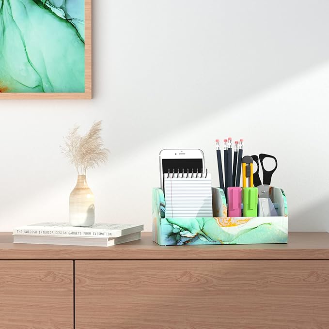 QIELIZI PU Leather Supply Organizer,Remote Control Holder Multifunctional Office Stationery Storage Box Organizer,Pencil Holders Organizers Table Top Desktop Desk Accessories(1-Splash Ink)