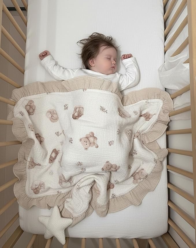 Muslin Ruffled Baby Blanket, Extra Large 52 x 52 Inches, Soft Breathable Cotton Crib Blanket for Newborn Infant Toddler (Blush Meadow-Ruffled, Printed)