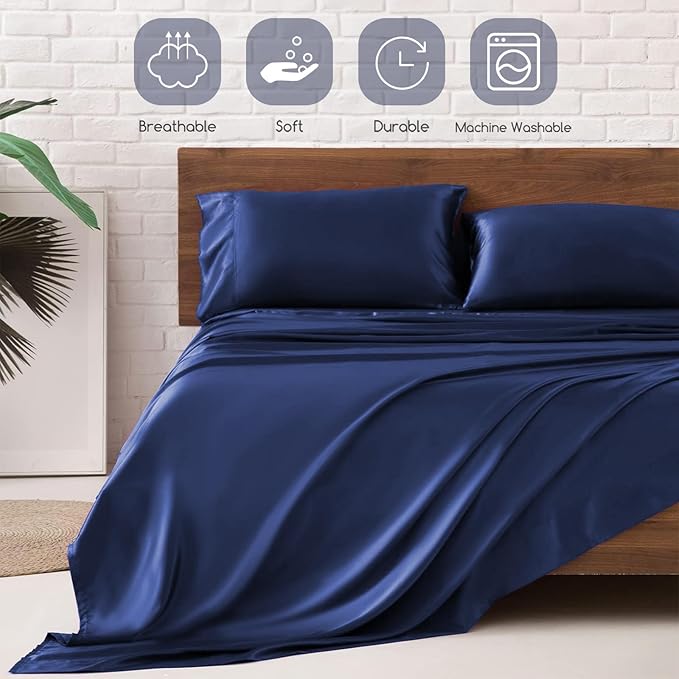 MR&HM Satin Bed Sheets, Queen Size Sheets Set, 4 Pcs Silky Bedding Set with 15 Inches Deep Pocket for Mattress (Queen, Navy Blue)