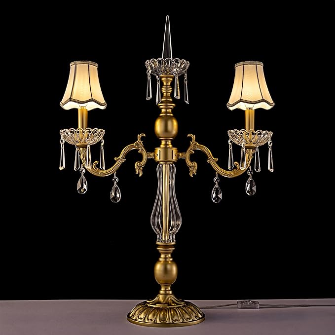 Wellmet Gold Crystal Table Lamp, 2 Light Crystal Table Lamp for Bedroom, Vintage Table Lamps for Living Room, Bedroom, Office Hotel Decor, Modern Palace Lights
