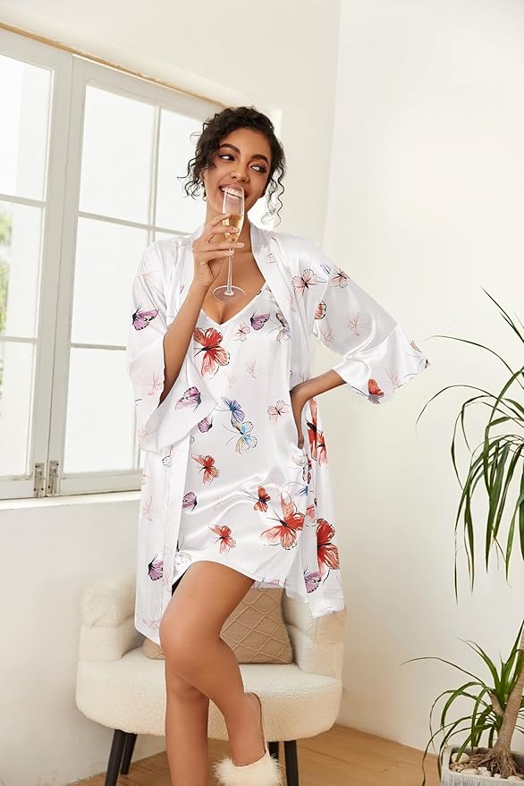 Ekouaer Women's Silk Robe Set V-neck 2 Piece Bridal Party Robes and Satin Bathrobe Set with Pockets