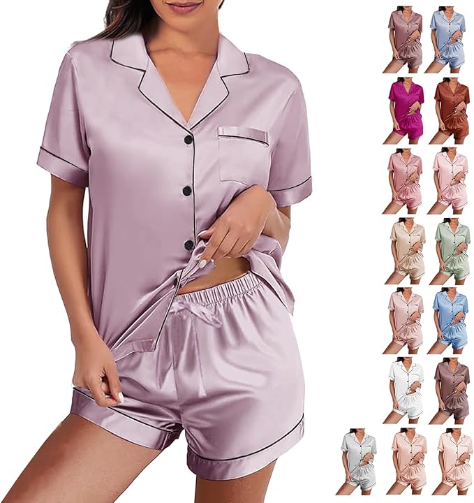 WJing Yi Jia Womens Silk Satin Pajamas Loungewear Two-Piece Sleepwear Button-Down Floral Pj Set XS-4XL