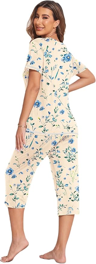 Ekouaer Women's Sleepwear Capri Pajama Sets Short Sleeve Two-Piece Pjs V Neck Tops & Capri Pants with Pockets S-3XL