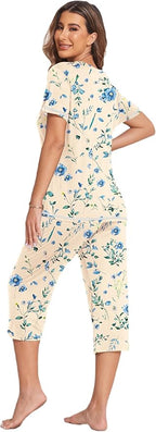 Ekouaer Women's Sleepwear Capri Pajama Sets Short Sleeve Two-Piece Pjs V Neck Tops & Capri Pants with Pockets S-3XL