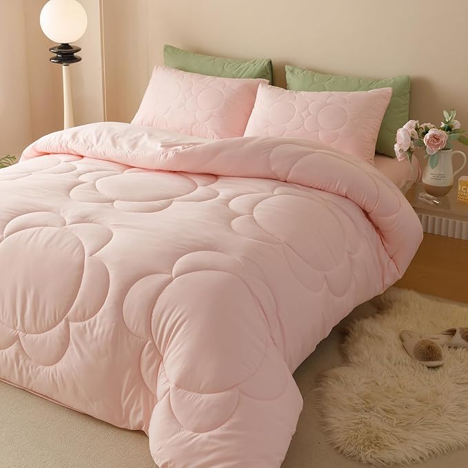 CLOTHKNOW Pink Blush Full Size Comforter Sets 3Pcs Daisy Puff Bedding Comforter Sets Soft Boho Comforter Pink Comforter with 2 x Pillow Cases