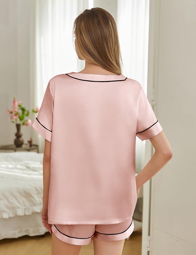 Silk Pajamas for Women Short Sleeve Satin 2 Piece Pj Set Soft V Neck Sleepwear Loungewear, S-XXL