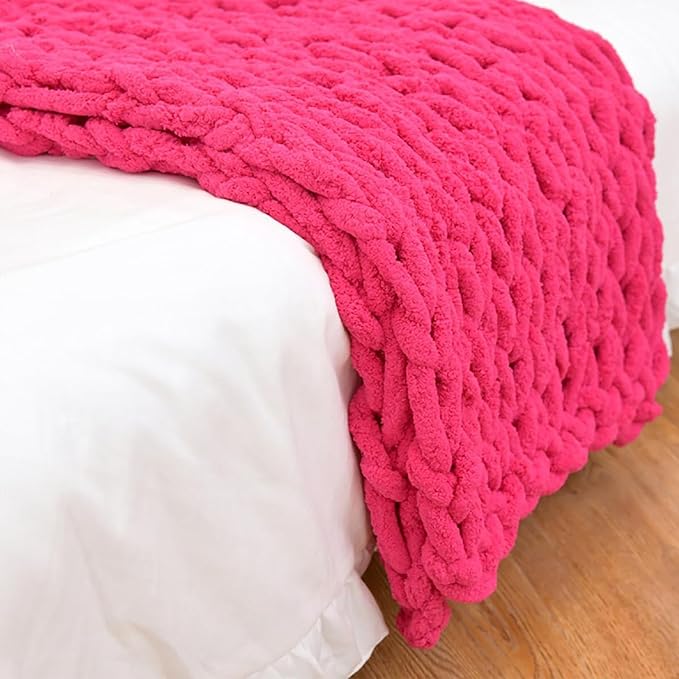 Wttfc Chunky Knit Throw Blanket, Handmade Soft Chenille Yarn Throw Blanket, Thick Cable Knitted Blankets, Large Rope Knot Crochet Blankets for Couch Sofa Bed Home Decor,Rose red,200x200cm