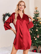 Ekouaer Satin Nightgowns for Women Silk Sleepwear Button Down Sleepshirt 3/4 Sleeve V-Neck Nightshirts with Pockets