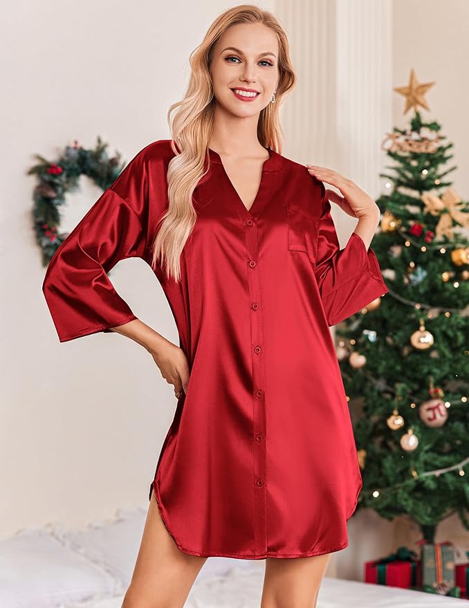 Ekouaer Satin Nightgowns for Women Silk Sleepwear Button Down Sleepshirt 3/4 Sleeve V-Neck Nightshirts with Pockets