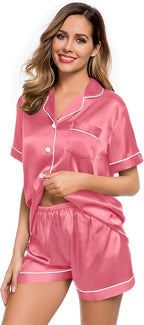 LecGee Womens Silk Satin Pajamas Short Sleeve Loungewear Two-Piece Sleepwear Button-Down Pj Set
