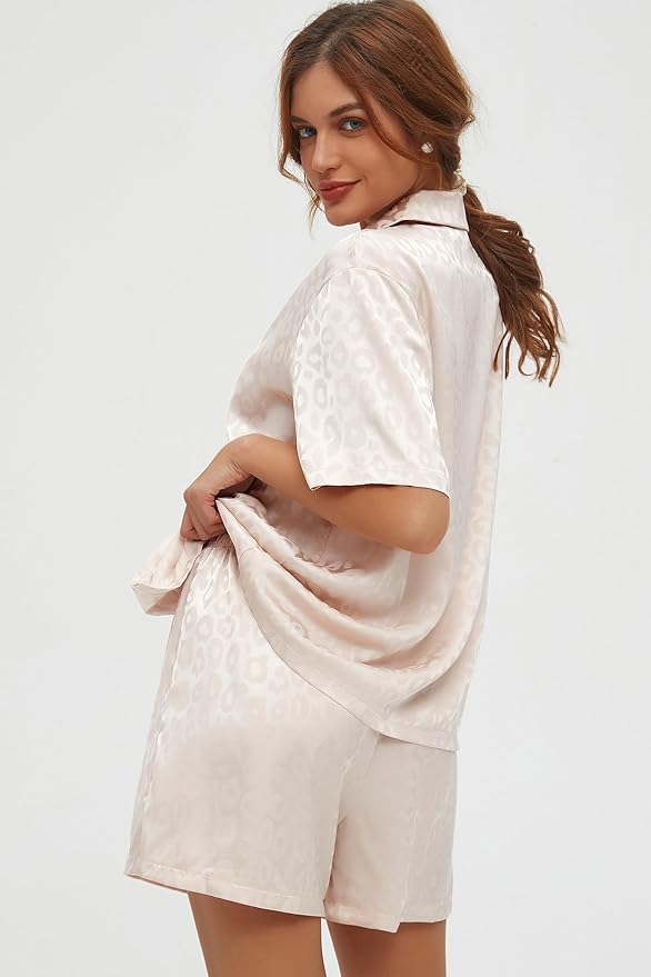 CHYRII Women's Silk Satin Pajamas Sets Tie Front Short Sleeve Tops and Shorts Two Piece Pj Sets Sleepwear