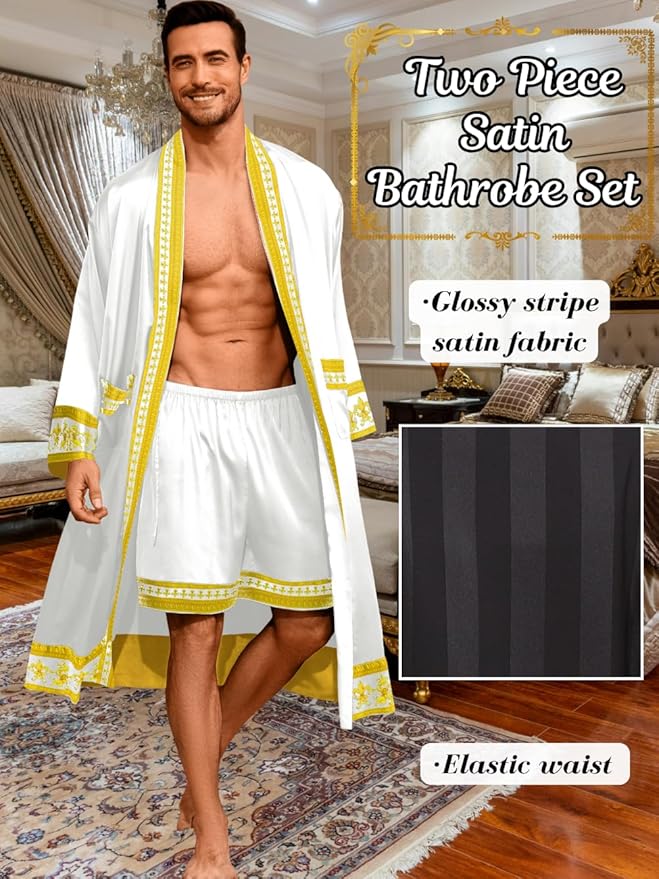 ChiaoLezhee Men's Luxury Silky Robe & Shorts Set, 2PC Lightweight Satin Pajamas with Pockets, Opulent Baroque Kimono Gifts