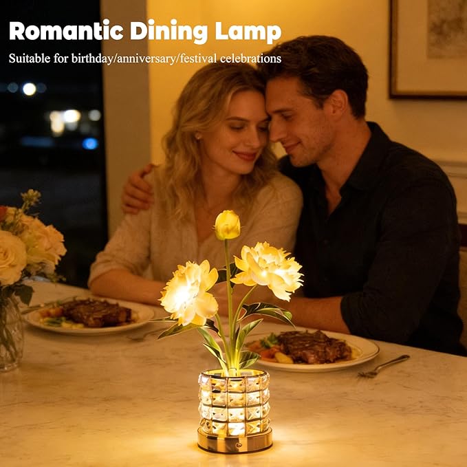 Flower Table Lamp, Orchid Flower with Crystal Vase Lamp, Cordless Touch Desk Light, 3 Colors Dimming & Rechargeable, Small Night Light for Bedroom Home, Romantic Gifts for Girl Women (Peony-White)