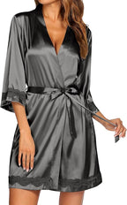 Ekouaer Women's Lace-Trim Silk Robes Bride Bridesmaid Kimono Satin Bathrobe V Neck Sleepwear with 3/4 Sleeve