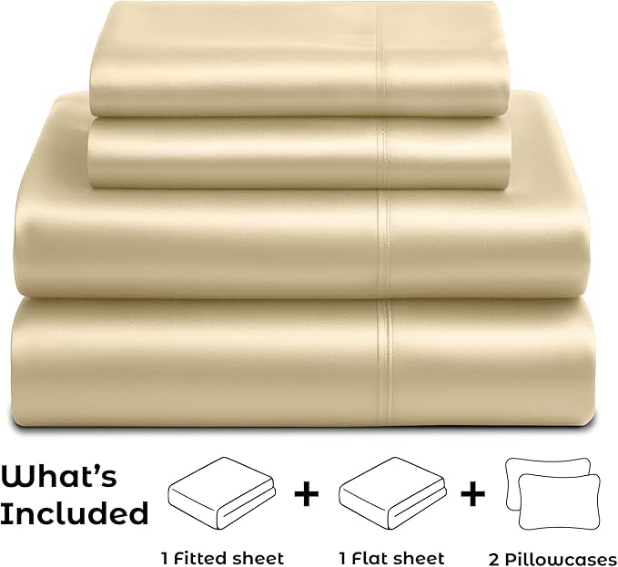Satin Sheets Queen [4-Piece, Ivory] Hotel Luxury Silky Bed Sheets - Extra Soft 1800 Microfiber Sheet Set, Wrinkle, Fade, Stain Resistant - Deep Pocket Fitted Sheet, Flat Sheet, Pillow Cases