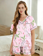 ASTANFY Valentines Day Pajamas Women 2 Piece Silk Valentine Pjs Cute Heart Pajamas V Neck Satin Sleepwear Loungewear Set