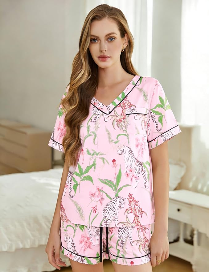 ASTANFY Valentines Day Pajamas Women 2 Piece Silk Valentine Pjs Cute Heart Pajamas V Neck Satin Sleepwear Loungewear Set