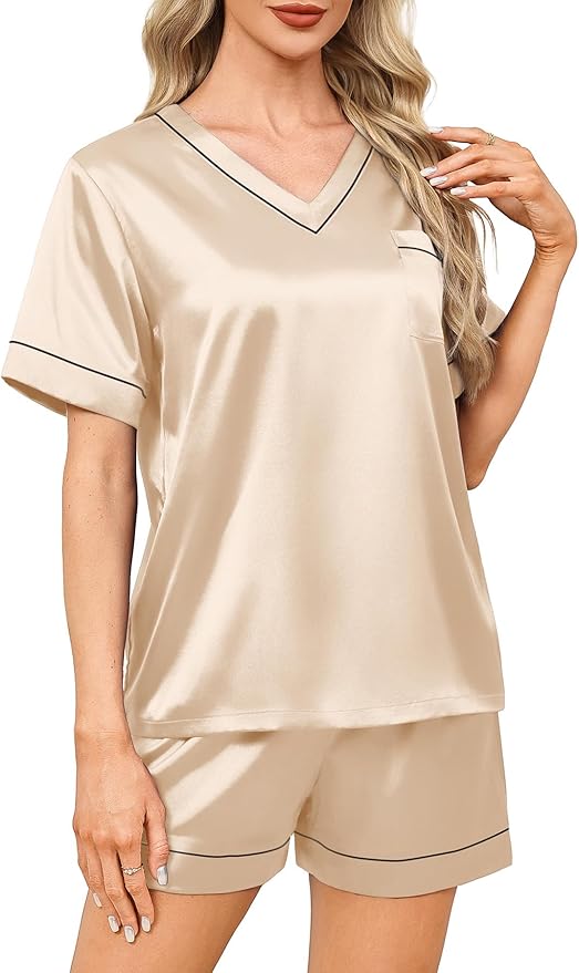 WIHOLL Silk Pajamas for Women Short Sleeve Sleepwear Soft Lounge Sets 2 Piece Satin Pjs