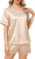 WIHOLL Silk Pajamas for Women Short Sleeve Sleepwear Soft Lounge Sets 2 Piece Satin Pjs