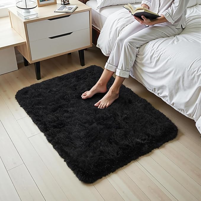 Blivonta Area Rugs for Bedroom Living Room, 4x6 Soft Large Fluffy Fuzzy Shag Plush Furry Carpet, Soft Indoor Floor Mat for Kids Nursery Home Dorm Office Decor Aesthetic, Black