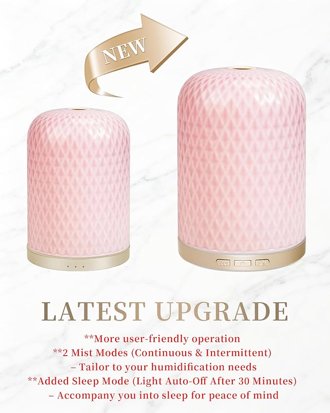 Onaboviva Essential Oil Diffuser -2.4MHz Ultrasonic Pink Ceramic Diffuser for Home,120ml, Pulse&Continuous Mist, Bright/Dim/Breathing Lighting, Waterless Auto-Off, Aromatherapy Diffuser with USB Cable
