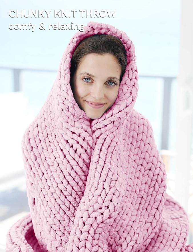 YnM Chunky Throw Blanket, Medium-Weight, Hand Knitted, Skin Friendly, Ventilated and Breathable, Machine Washable, Home Décor Piece for Couch, Sofa and Bed (Fancy Pink, 60x80 Inch)