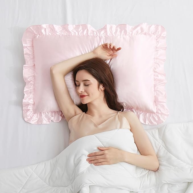 Blush Pink Satin Ruffled Pillow Cases for Hair and Skin,Blush Pink Silk Pillowcases Standard Set of 2 with Envelope Closure Princess Room Decoration