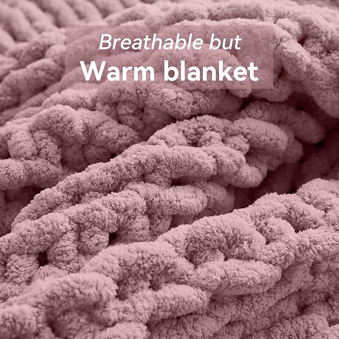 Negwoo Chunky Knit Throw Blanket, 50''*60'' Knitted Throw Chenille Yarn for Bed Couch, Handmade Muted Pink Crochet Big Thick Blanket, Machine Washable Cute Comfy Blanket for Home Decor