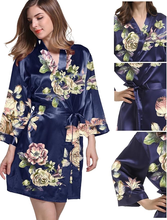 WJing Yi Jia Womens Satin Kimono Robe Silky Robes Floral Bathrobe Bride Bridesmaid Wedding Bridal Dressing Gown Loungewear
