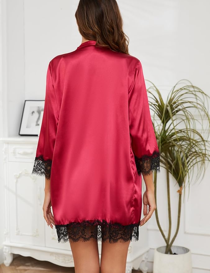 Womens 4 Pcs Lingeries Silk Pajamas Robes Set Sexy Pjs Cami Shorts Satin Sleepwear Lace Loungewear