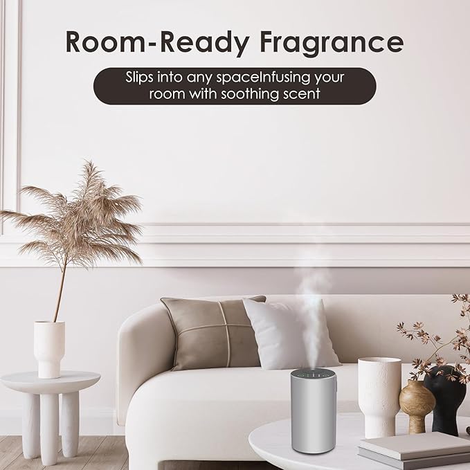 Waterless Essential Oil Diffuser, Battery Powered Mini Scent Air Machine, Aromatherapy Mist Diffuser for Home Room Car Office (Silver Aluminum Alloy)