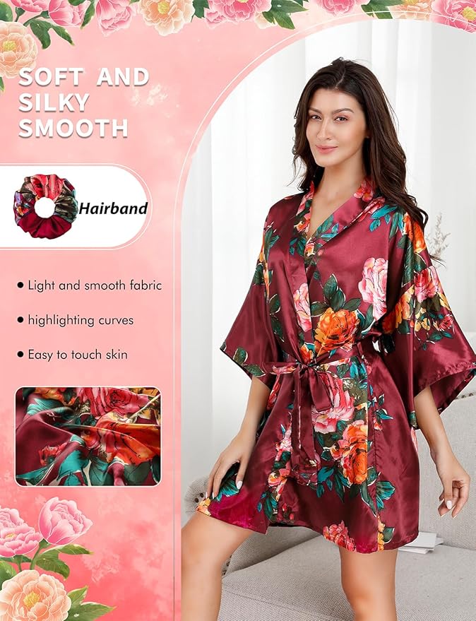 EPLAZA Silk Robes for Women Satin Robe Short Sexy Print Flower Kimono Loungewear Wedding Bridal Party