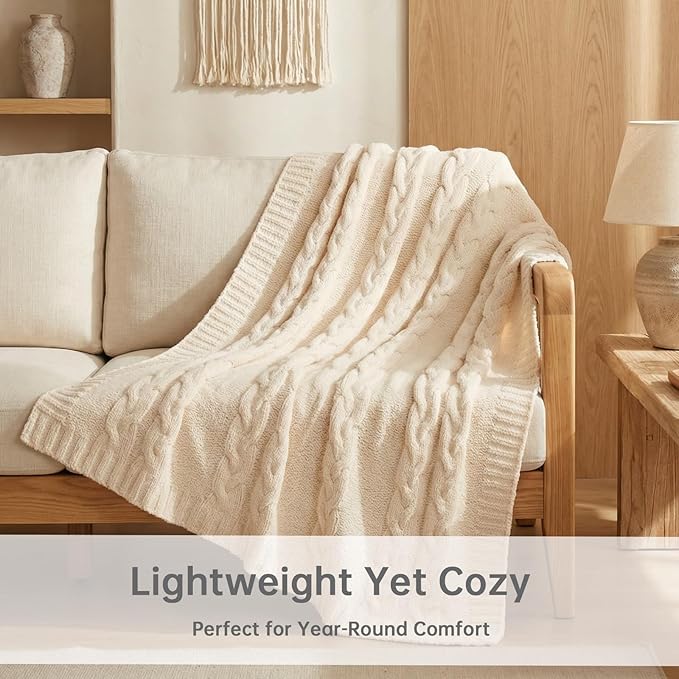 Cable Knit Throw Blanket 50x60 for Couch, Buttery Soft Textured Decorative Knit Blanket, Lightweight Microfiber Sofa Throw for Living Room, Farmhouse Home Decor, Ivory White