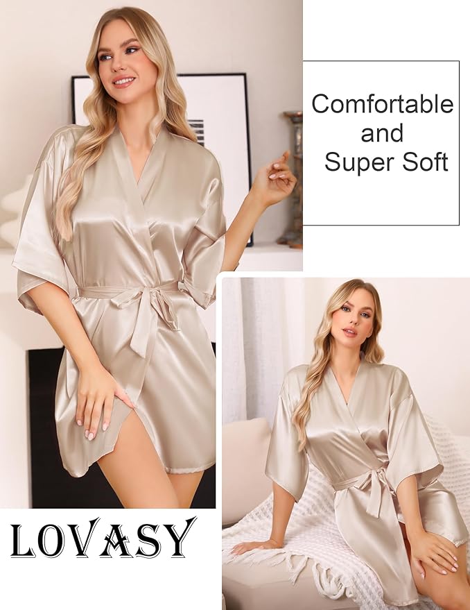 Lovasy Women's Satin Robes Silky Short Robe Lightweight Sleepwear Bride Bridesmaids Bathrobes Dressing Gowns Loungewear S-XXL