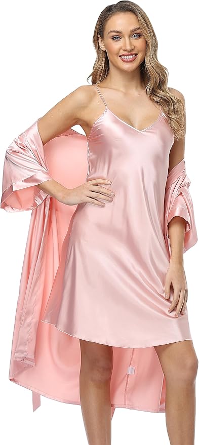 Women's Satin Robes Set with Nightgown Silk Kimono Pajamas 2 Piece Sleepwear Camisole Wedding Bride Gown Set
