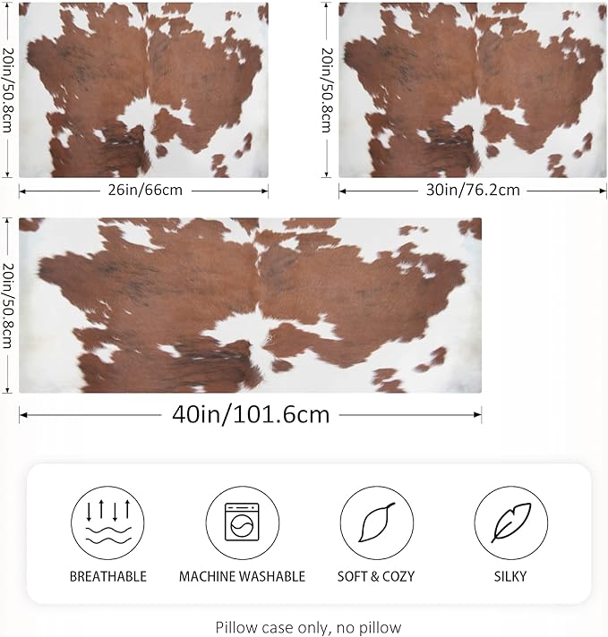 Farm Animal Cow Brown Cowhide Print Satin Pillowcase for Hair and Skin, Cow Skin Pattern Silk Pillow Case with Envelope Closure, Standard Size 20x26 inches, 1 PC