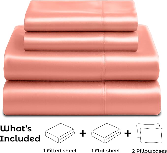 Pure Bedding Satin Sheets Full Hotel Luxury Silky Bed Sheets - Extra Soft 1800 Microfiber Sheet Set, Wrinkle, Fade, Stain Resistant - Deep Pocket Fitted Flat Sheet, Pillow Cases (4-Piece, Blush Pink)