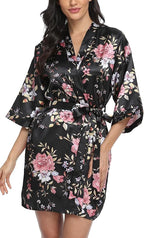 Women's Floral Satin Robes Bride Bridesmaid Getting Ready Robe Short Silky Kimono Sleepwear for Wedding Party