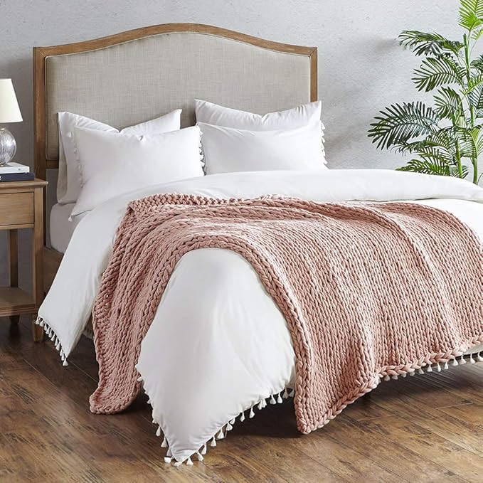 Madison Park Boho Throw Blanket, Soft Handmade Gift Home Decor, Lightweight & Breathable All Seasons Chunky Knit Throw, 50"x60" Blush