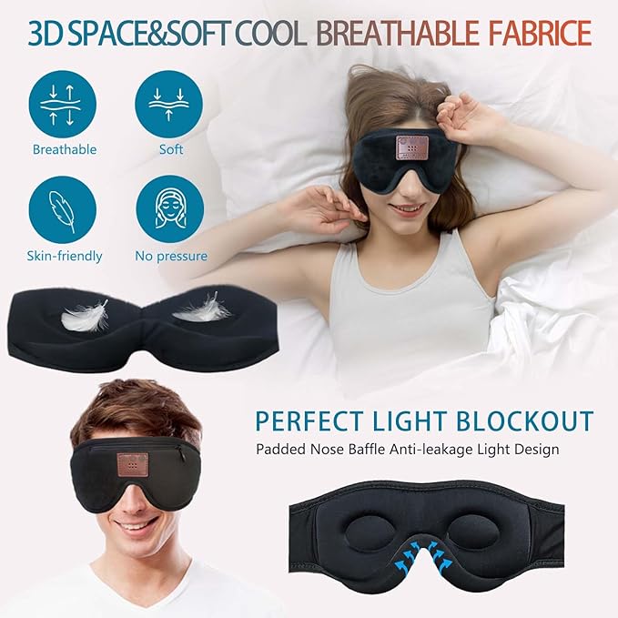 2-Pack Bluetooth Sleep Mask, Sleep Mask with Bluetooth Headphones, Eye Mask with Sleeping Headphones for Side Sleeper, Nap, ASMR, Air Travel, Meditation, Relaxation