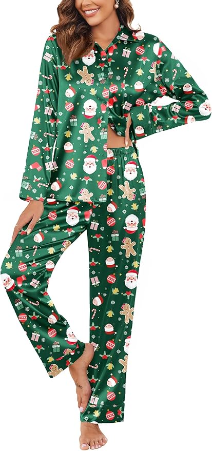 Ekouaer Women Satin Silk Pajamas Classic Long Sleeve Button Down Pjs Set Soft Loungewear
