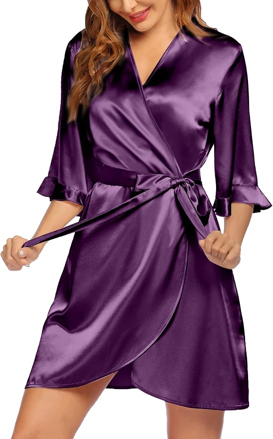 Ekouaer Women's Satin Robe Valentines Lingerie for Women Kimono Bathrobe Short Ruffle Belted Robes Bridesmaids Sleepwear