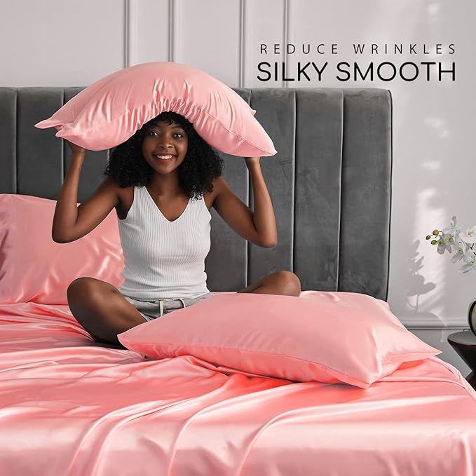 MR&HM Satin Bed Sheets, Twin XL Size Sheets Set, 3 Pcs Silky Bedding Set with 15 Inches Deep Pocket for Mattress (Twin XL, Blush)