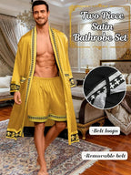 ChiaoLezhee Men's Luxury Silky Robe & Shorts Set, 2PC Lightweight Satin Pajamas with Pockets, Opulent Baroque Kimono Gifts