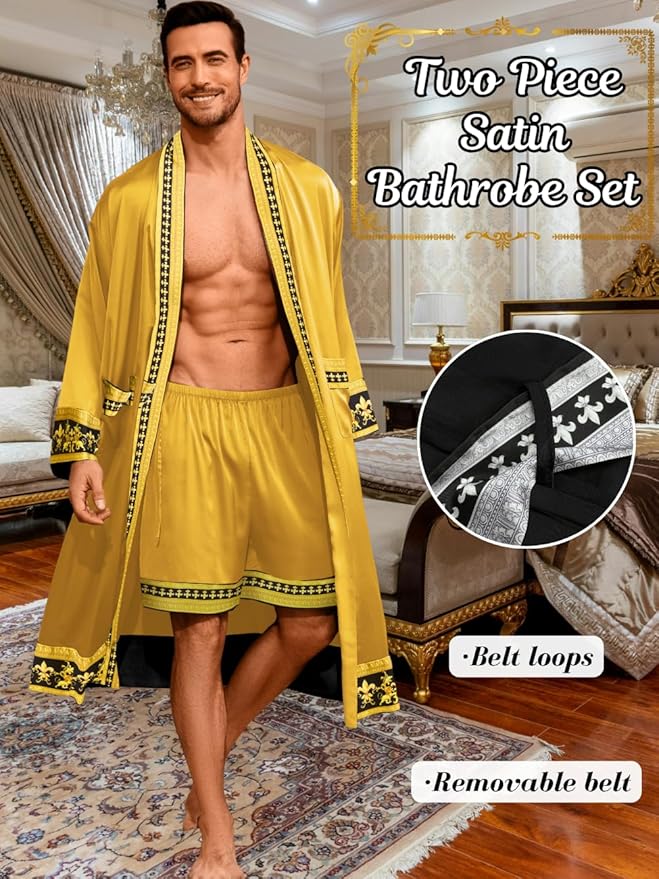 ChiaoLezhee Men's Luxury Silky Robe & Shorts Set, 2PC Lightweight Satin Pajamas with Pockets, Opulent Baroque Kimono Gifts
