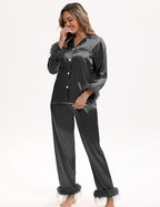 MORFORU Satin Pajama Set for Women Feather Trim Long Sleeve Pjs with Sleep Mask Headband Scrunchie Sleepwear Lounge Set