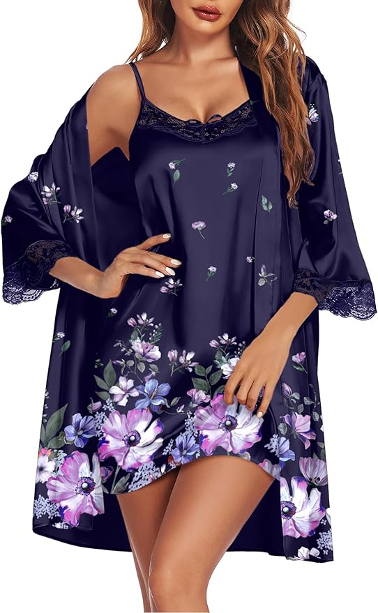 Ekouaer Sleepwear Women's Satin Nightgown with Robes Set 2 Piece Sexy Lace Cami Nightwear